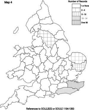 Earlier issues of Soul Search (Don Steel in Vol 1, Nos 1, 9 &10) have shown that Kent and Sussex were SOLE or SOULE strongholds, and this is confirmed from the data I have collected, as illustrated by Map 4