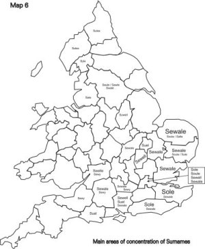 Map 6 attempts to show the main concentrations of surnames in the medieval period, the font size suggesting the number of records found