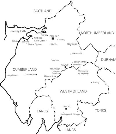 Map of Cumbria showing places mentioned in early documents. Places in italics indicate 16th century IGI events.