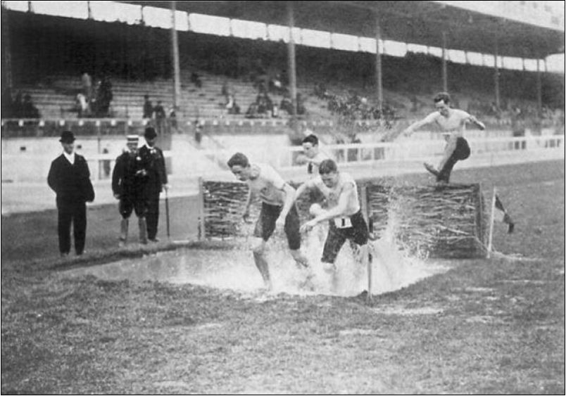 The water jump in the 1908 Olympic Steeplechase during a race
