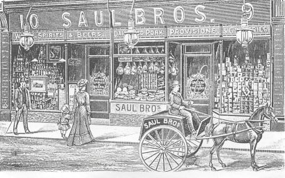 Postcard showing the shop of Saul Bros