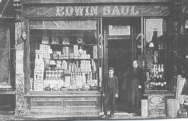 Photograph of the shop of Edwin Saul, a retail, wholesale, grocer and provisions merchant