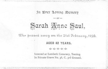 Sarah Anne Saul Memorial Card