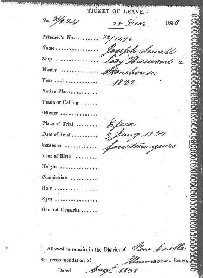 Joseph Sewell received a Ticket of Leave in 1838