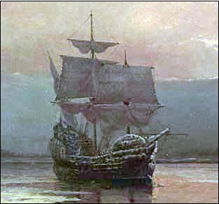 Detail from Mayflower in Plymouth Harbour, by William Halsall, 1882