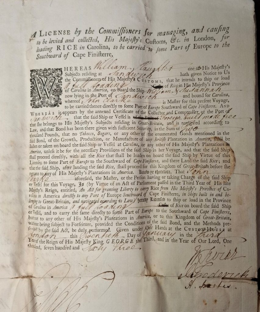 The licence to import a cargo of rice from Carolina in 1763